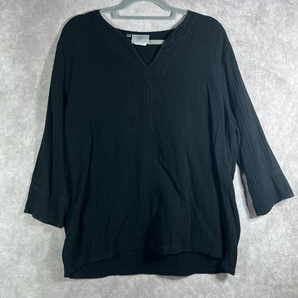 Hot Cotton Top Womens Large‎ Petite Black 3/4 Sleeves V-Neck Casual Minimalist